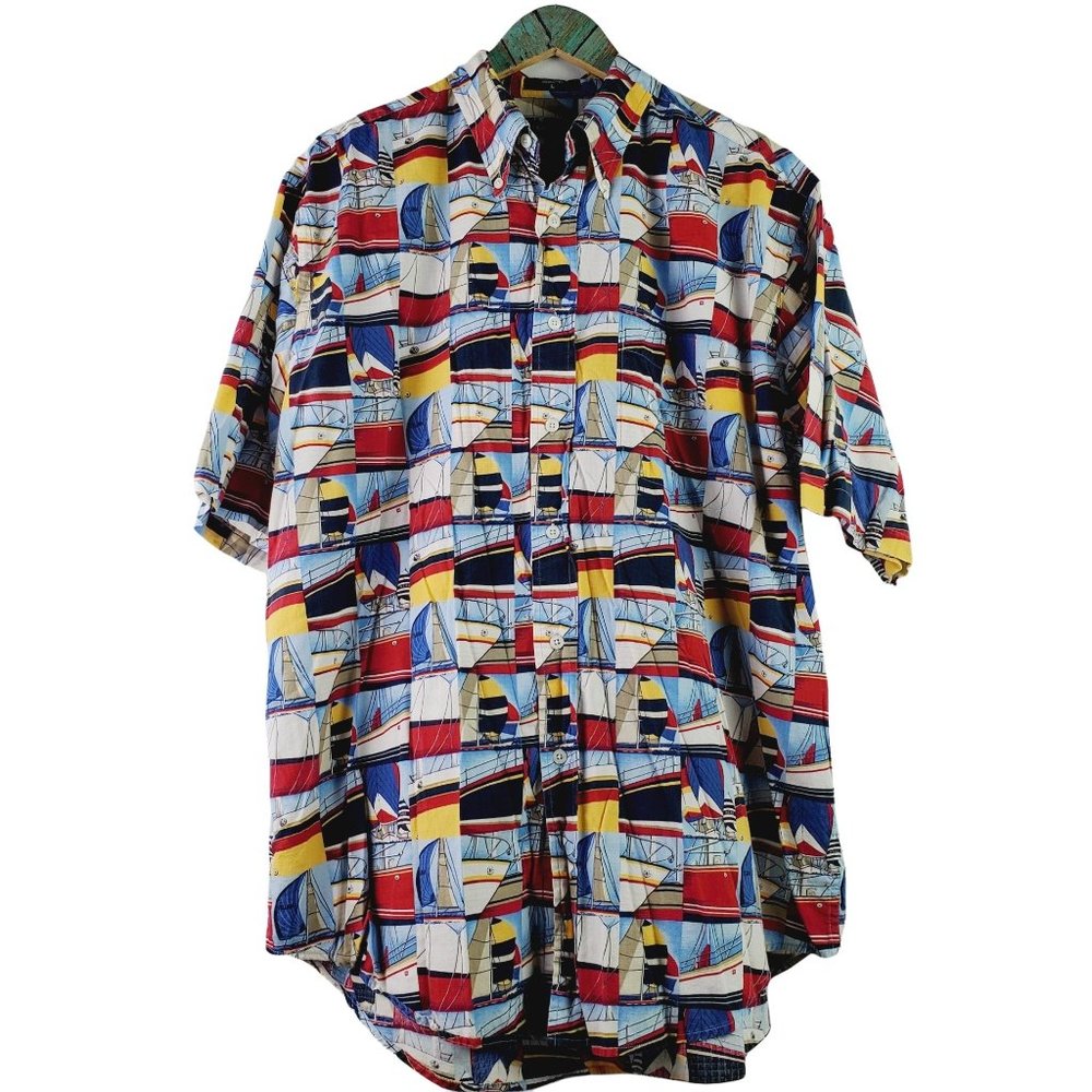 Nautica Sail Boat Sailing Short Sleeve Button Down Shirt Sz L